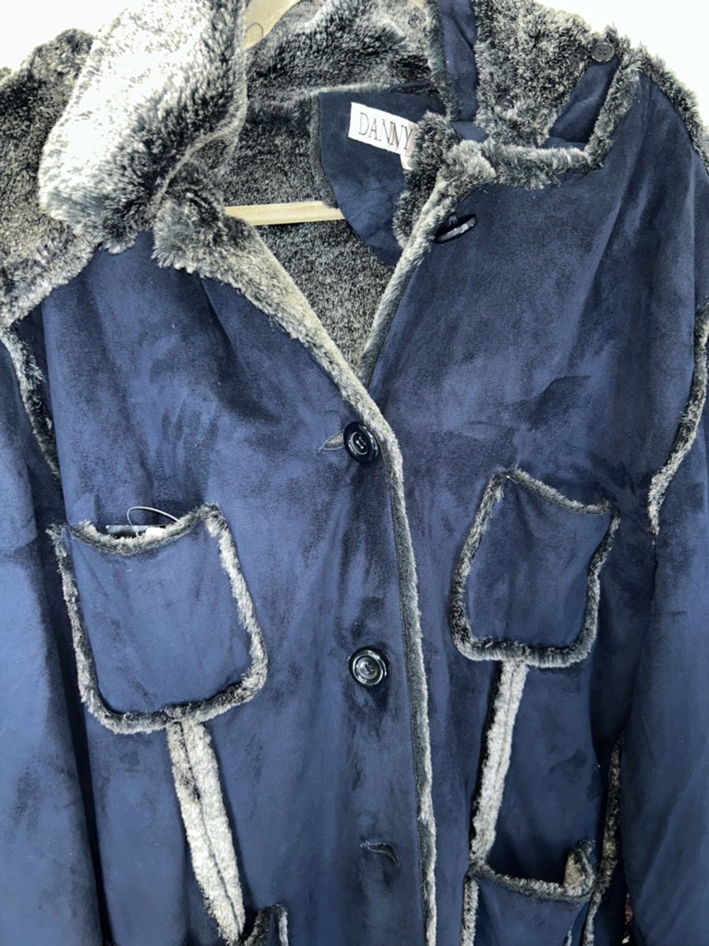 Danny Roberts Navy Faux-Shearling Coat with Contrasting Faux Fur Trim